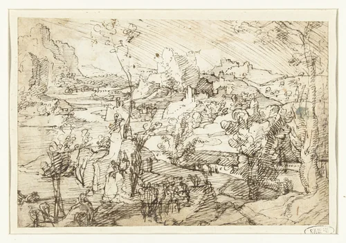 Landschap met rotsen, figuren en een zeilschip by Unknown, drawing, 1505-1562