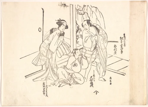 Scene from a Drama: Matsumoto Koshiro I and Two Other Actors by Ranshu, print, 1750-1799