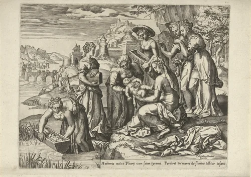 Mozes wordt gevonden door de dochter van de farao by Pieter Jalhea Furnius, print, 1550-1625