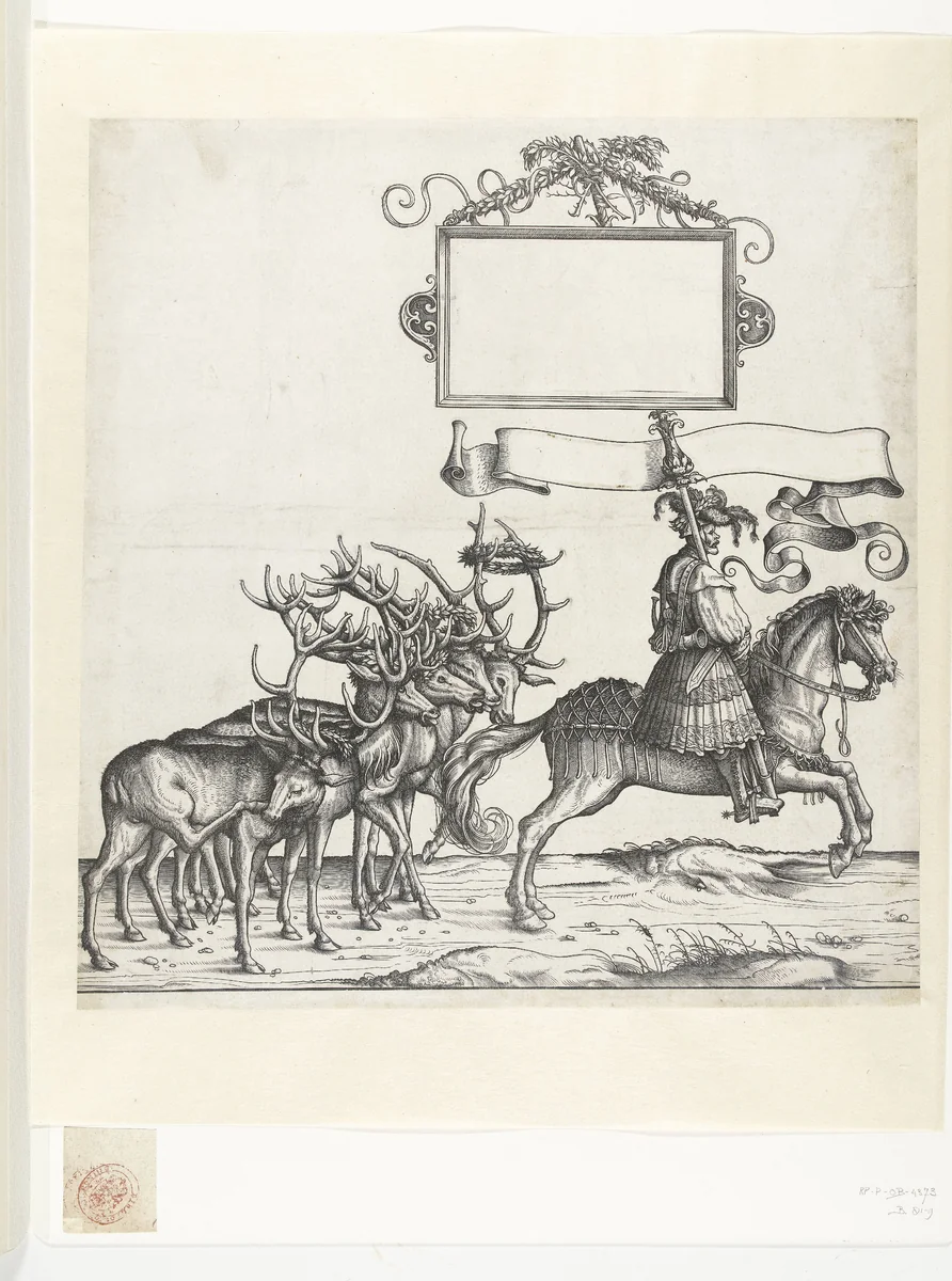 Vijf edelherten en standaarddrager te paard by Hans Burgkmair, print, 1483-1526