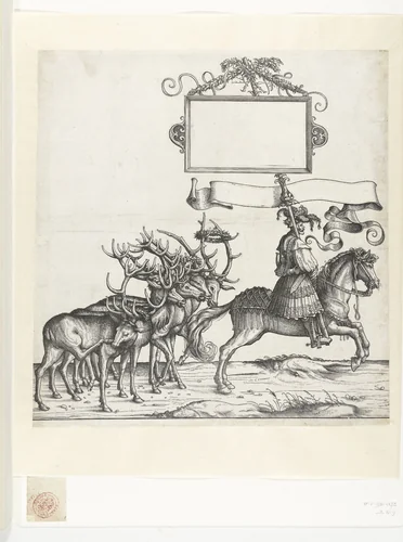 Vijf edelherten en standaarddrager te paard by Hans Burgkmair, print, 1483-1526