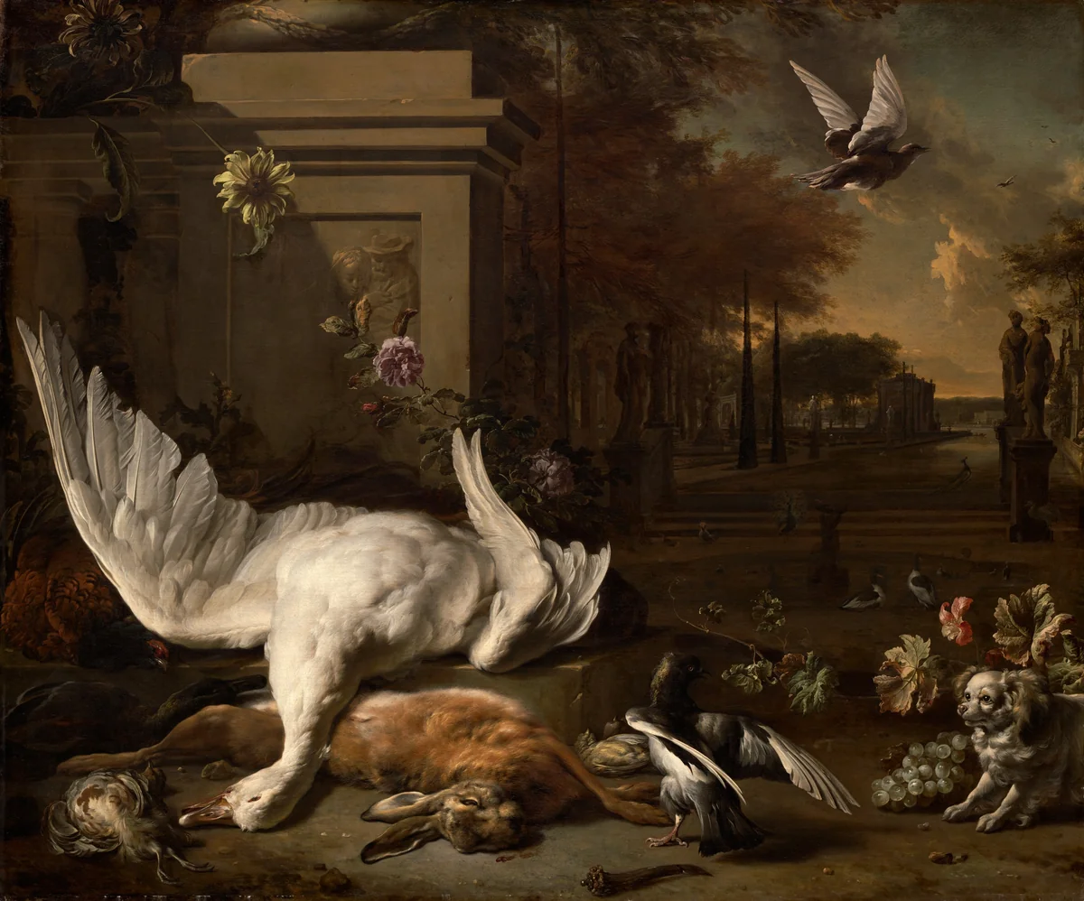 Still Life with Goose and Game before a Country Estate by Jan Weenix, painting, 1685
