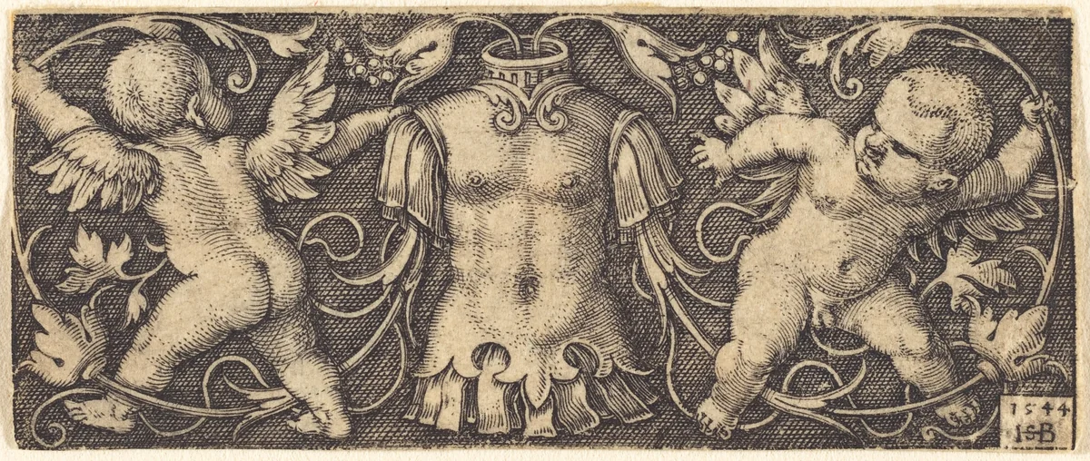 Ornament with Armour and Two Genii by Sebald Beham, print, 1544