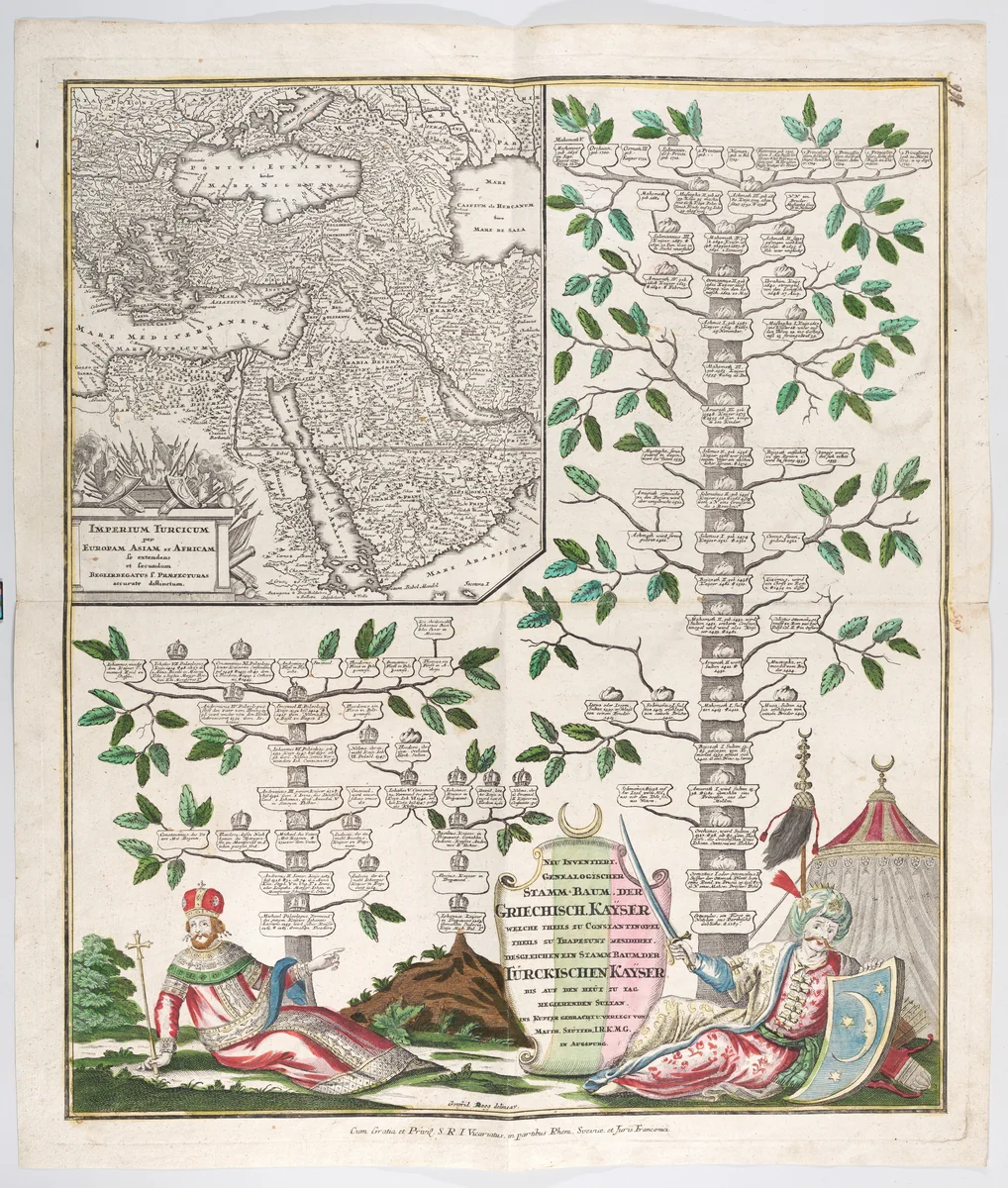 Neu inventiert genealogischer Stamm-Baum der Griechisch Kayser... desgleichen ein Stamm-Baum der Türckischen Kayser (A newly invented genealogical tree of the last Byzantine emperor...as well as one of the Turkish sultan) by Gottfried Rogg, print, 1725-1735