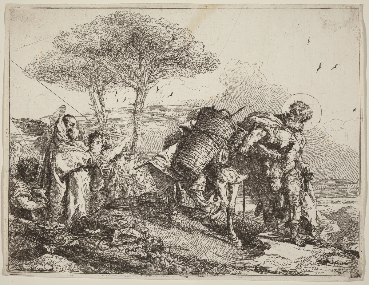 The Madonna and Child at Left, with a File of Angels by Giovanni Domenico Tiepolo, print, 1753