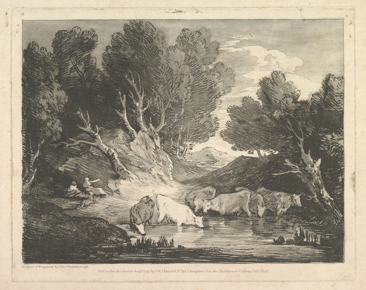 Wooded Landscape with Figures and Cows at a Watering Place (The Watering Place) by Thomas Gainsborough, print, 1797