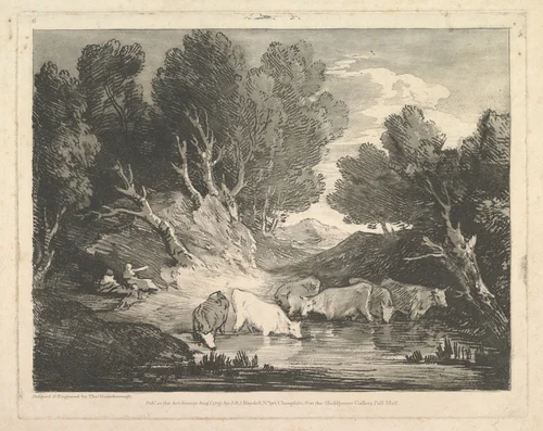 Wooded Landscape with Figures and Cows at a Watering Place (The Watering Place) by Thomas Gainsborough, print, 1797