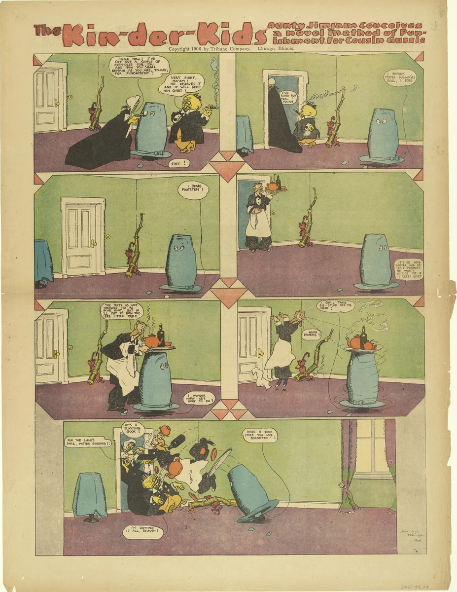 The Kin-der-Kids: Aunty Jimjam Conceives a Novel Method of Punishment for Cousin Gussie from The Chicago Sunday Tribune by Lyonel Feininger, print, 1906