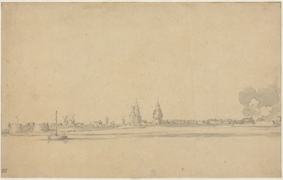 View of a Dutch Town (Delft?) by Willem van de Velde the Younger, drawing, 1633-1707