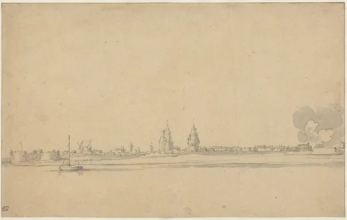 View of a Dutch Town (Delft?) by Willem van de Velde the Younger, drawing, 1633-1707