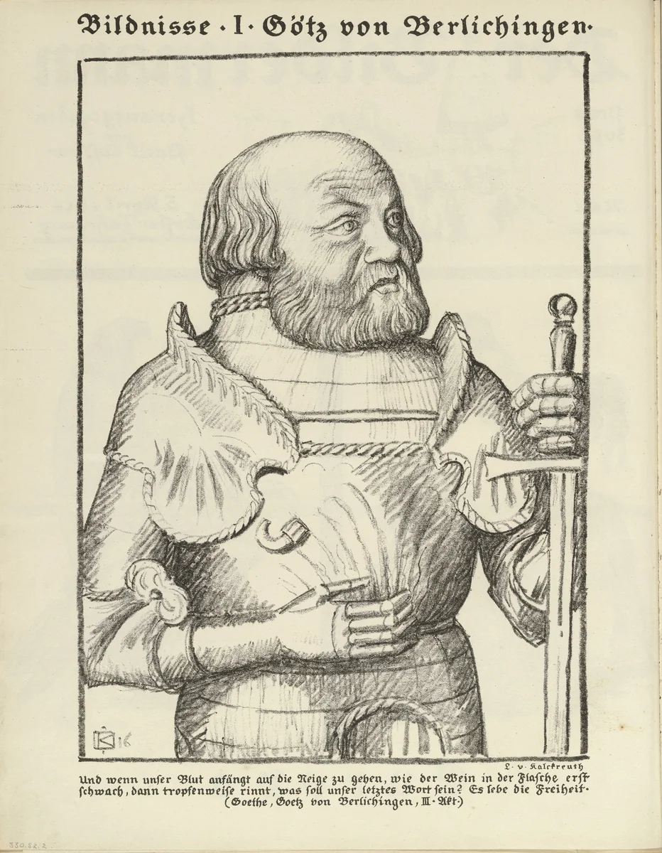 Portrait I: Götz von Berlichingen (Bildnisse I: Götz von Berlichingen) (plate, folio 2 verso) from the periodical Der Bildermann, vol. 1, no. 1 (April 1916) by Leopold von Kalckreuth, periodical, 1916
