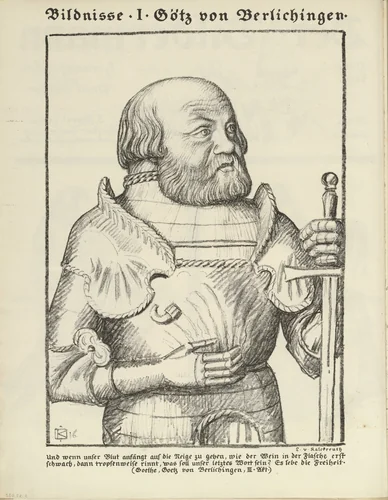 Portrait I: Götz von Berlichingen (Bildnisse I: Götz von Berlichingen) (plate, folio 2 verso) from the periodical Der Bildermann, vol. 1, no. 1 (April 1916) by Leopold von Kalckreuth, periodical, 1916