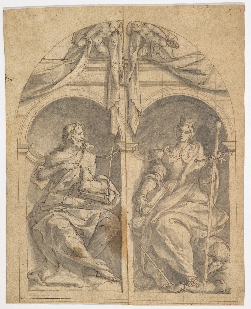 Two Wings of an Altarpiece depicting Saints John the Baptist and Catherine in Niches Surmounted by Angels by Jan van Scorel, drawing, 1515-1562