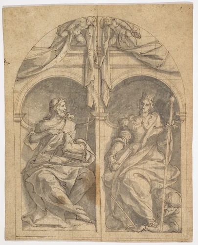 Two Wings of an Altarpiece depicting Saints John the Baptist and Catherine in Niches Surmounted by Angels by Jan van Scorel, drawing, 1515-1562