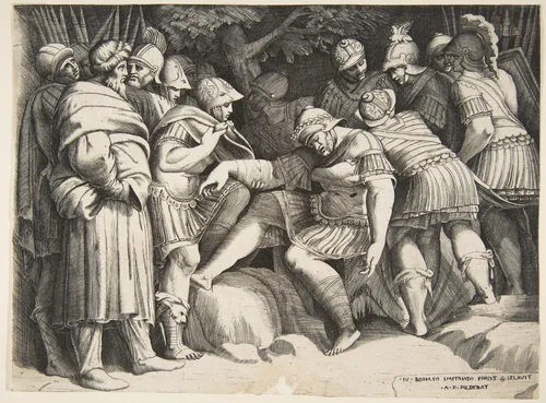 The wounder soldier Scipio in the centre surrounded by figures by Giulio Bonasone, print, 1531-1576