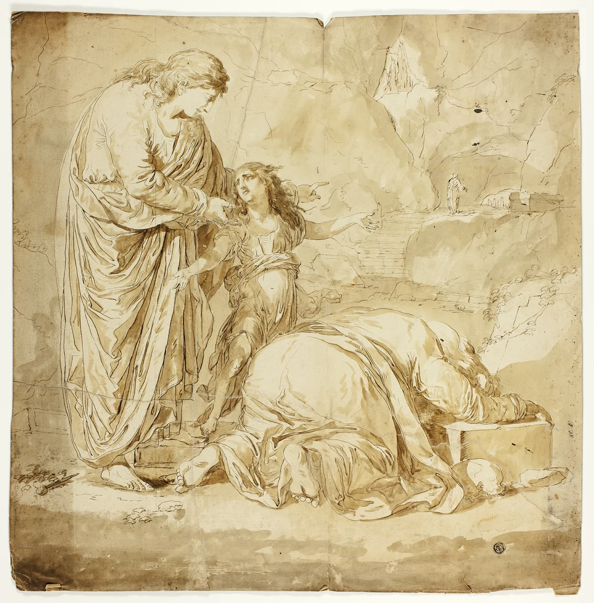 Biblical Scene with Two Women and Child in Foreground by Unknown Artist, drawing, 1800-1899