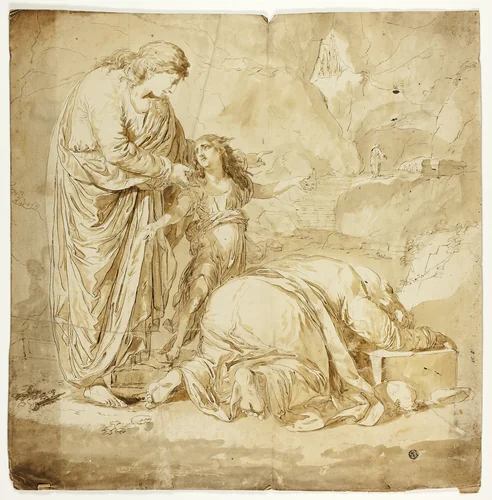 Biblical Scene with Two Women and Child in Foreground by Unknown Artist, drawing, 1800-1899