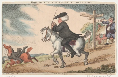 How to Ride a Horse Upon Three Legs by Thomas Rowlandson, print, 1808