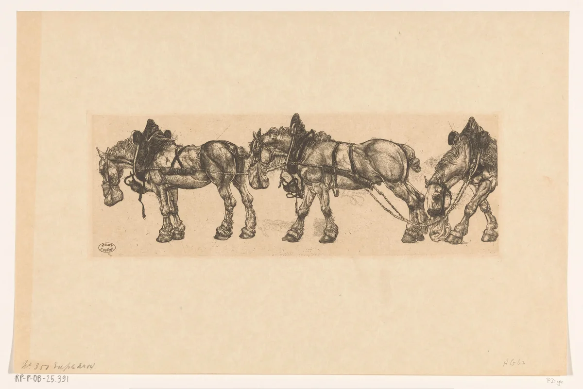 Drie werkpaarden met haverzak by Pieter Dupont, print, 1902