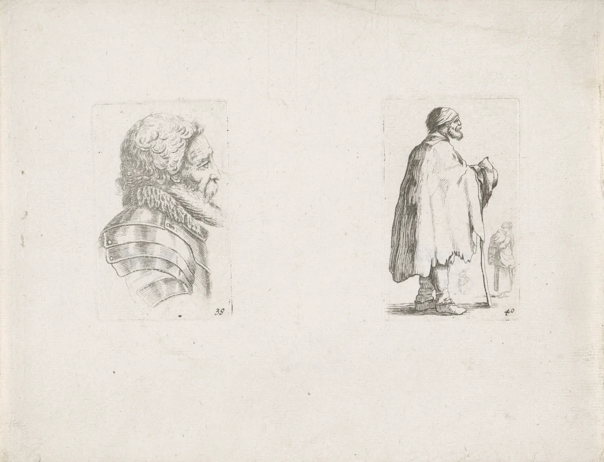 Soldaat met baard en bedelaar by anonymous, print, 1620-1664