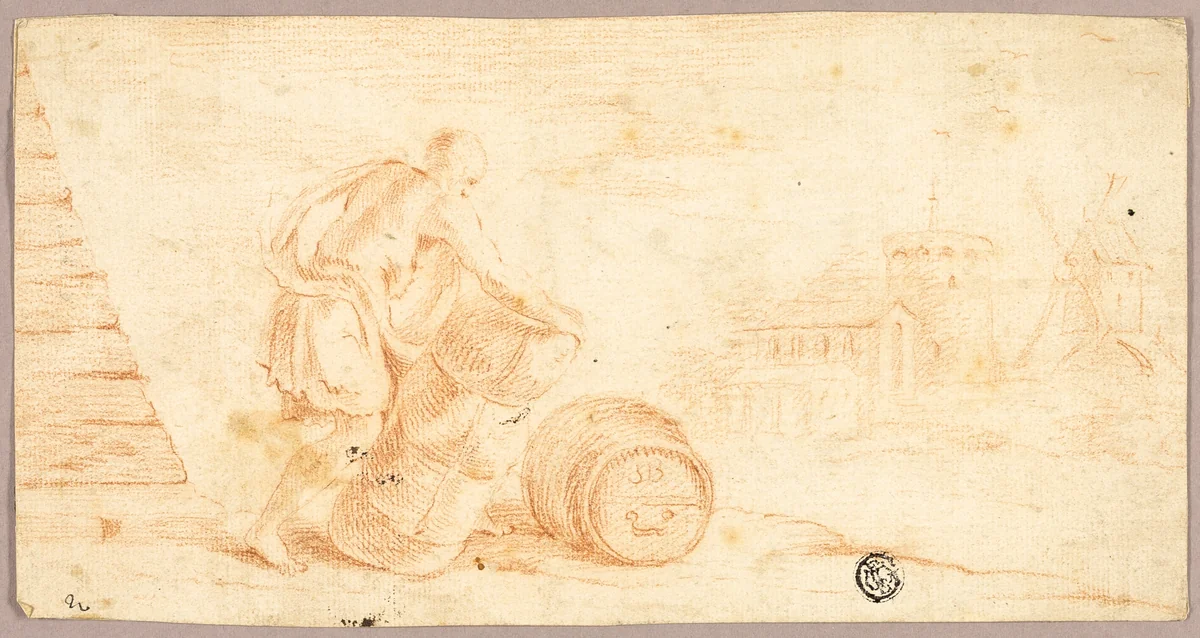 Man Moving Bale, Cask, with Windmill in Distance by Unknown Artist, drawing, 1700-1799