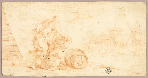 Man Moving Bale, Cask, with Windmill in Distance by Unknown Artist, drawing, 1700-1799