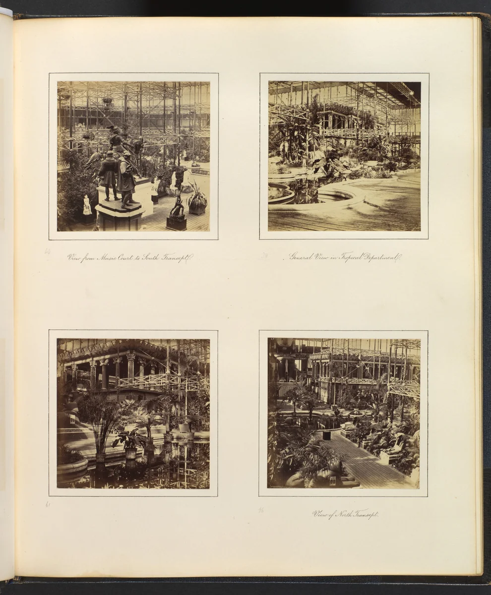 [View From Music Court to South Transept; View in Tropical Department; View of the Egyptian Court; View of North Transept] by Philip Henry Delamotte, photograph, 1857-1861