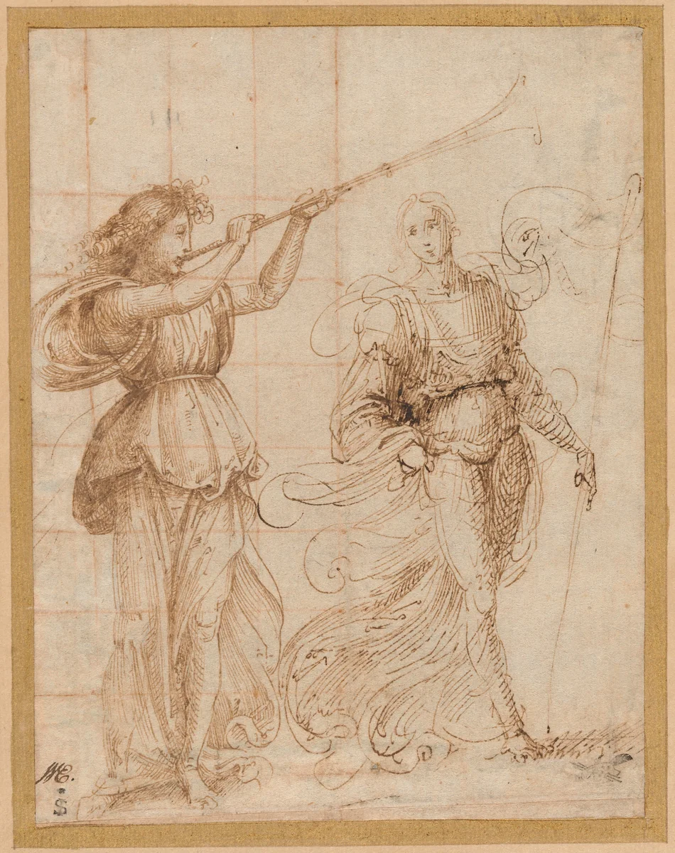 One Angel Blowing a Trumpet, and Another Holding a Standard by Fra Bartolommeo, drawing, 1500