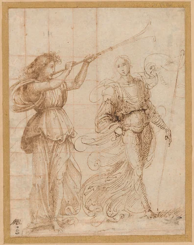 One Angel Blowing a Trumpet, and Another Holding a Standard by Fra Bartolommeo, drawing, 1500