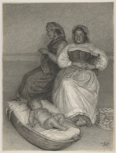Two Seated Italian Women with a Baby in a Cradle by Kristian Zahrtmann, drawing, 1889