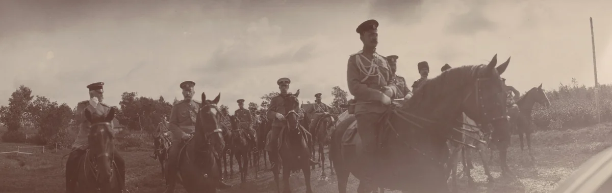 Count Benckendorff, Grand Duke Peter Nikolaevich and a Triangle of Men on Horses, Ropsha by Unidentified Photographer, photograph, 1907