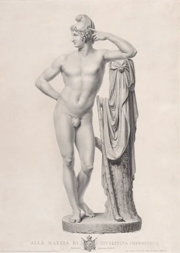 Paris leaning on tree stump, frontal view, from "Oeuvre de Canova: Recueil de Statues..." by Giovanni Battista Balestra, print, 1817