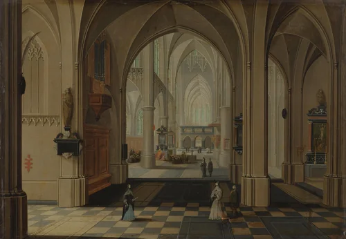 Interior of an Imaginary Gothic Church, Looking East by Peeter Neeffs, painting, 1655-1660