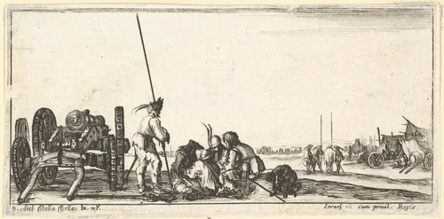 Plate 9: a chariot carrying a cannon to left, soldiers in center playing cards, from "Troops, cannons, and attacks on towns" (Dessins de quelques conduites de troupes, canons, et ataques de villes) by Stefano della Bella, print, 1635-1645