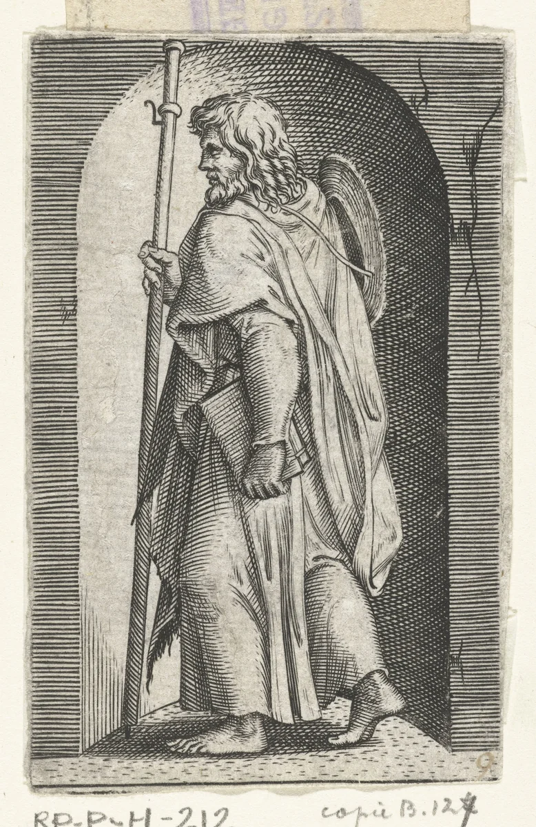Apostel Jakobus de Meerdere (Major) met pelgrimshoed en pelgrimsstaf in nis by anonymous, print, 1517-1577