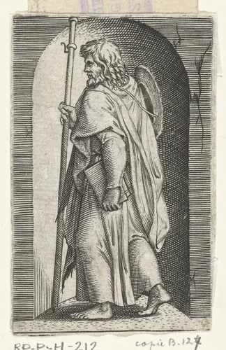 Apostel Jakobus de Meerdere (Major) met pelgrimshoed en pelgrimsstaf in nis by anonymous, print, 1517-1577