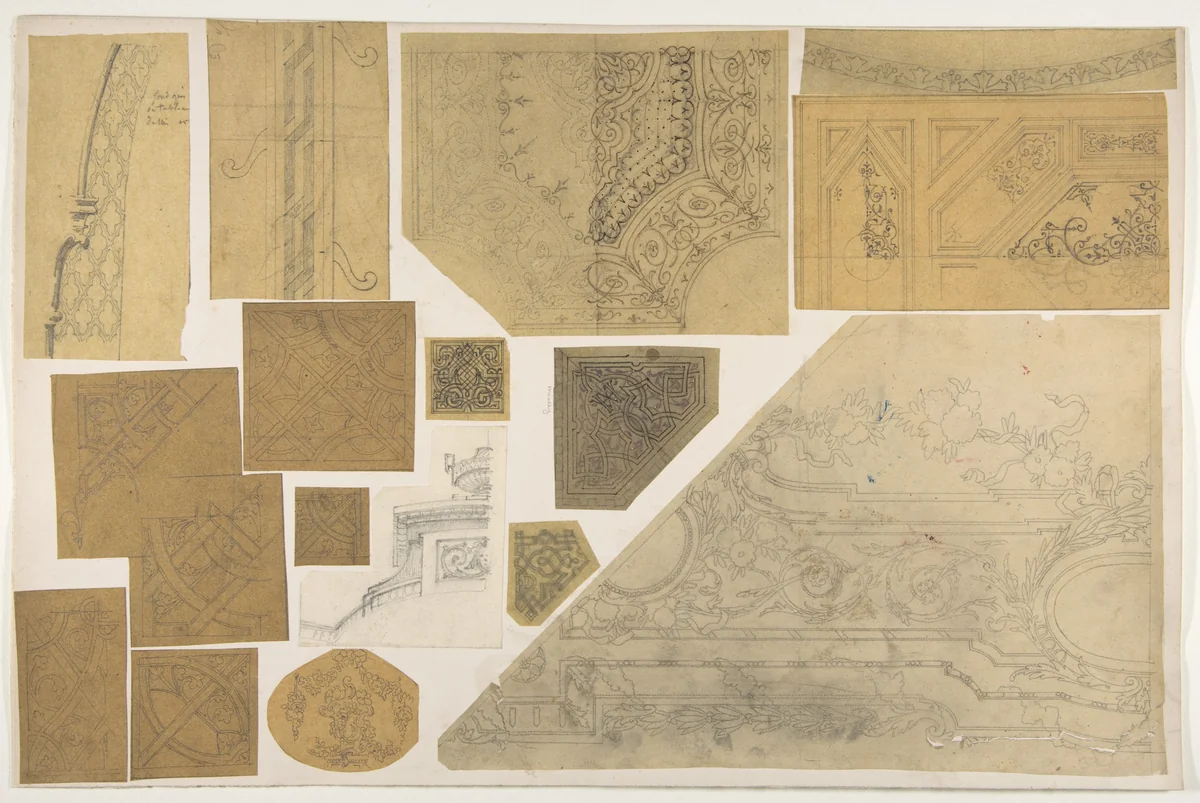 Sixteen designs of the decoration of walls and ceilings by Jules-Edmond-Charles Lachaise, drawing, 1845-1900