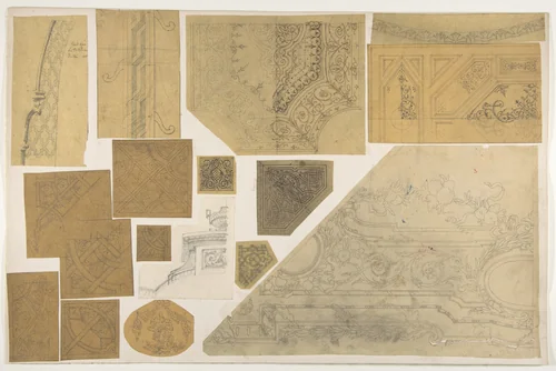 Sixteen designs of the decoration of walls and ceilings by Jules-Edmond-Charles Lachaise, drawing, 1845-1900