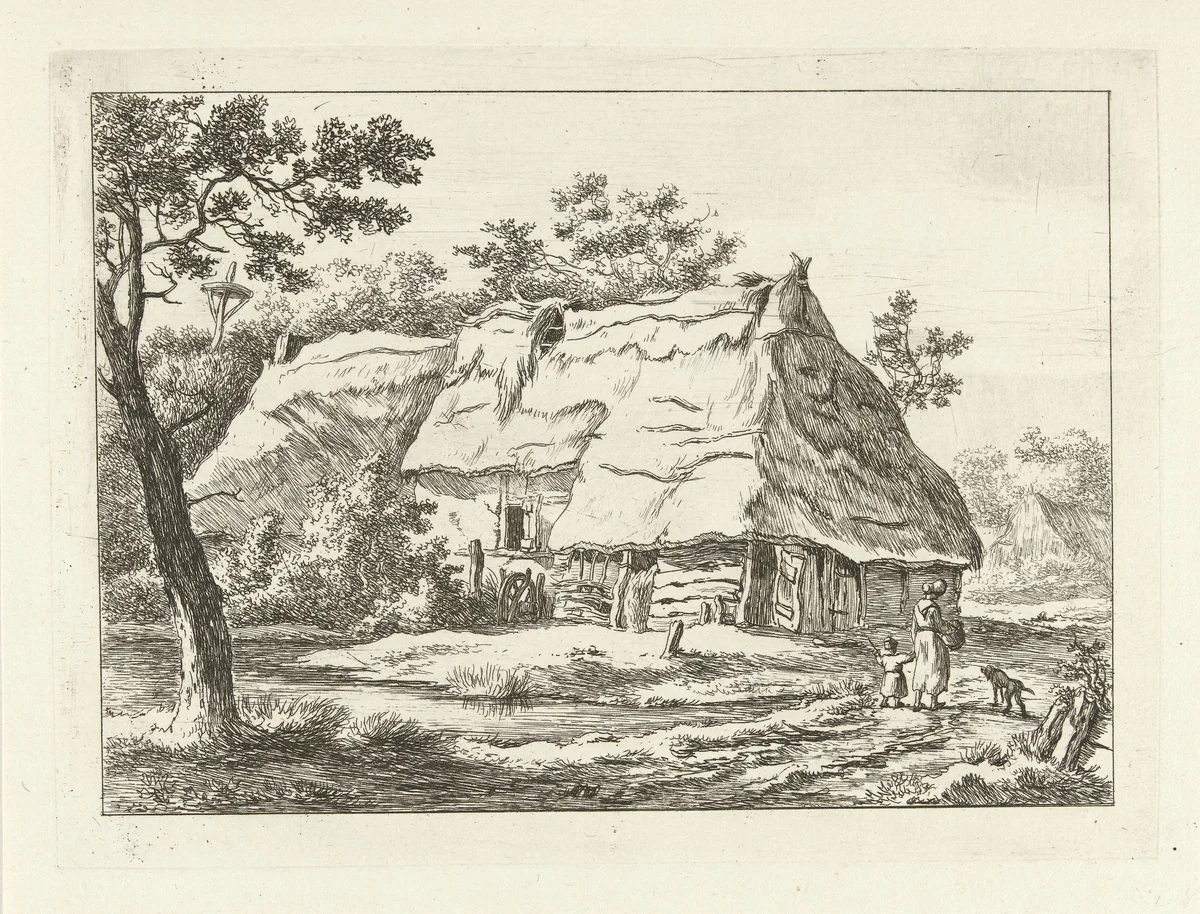 Vrouw met kind bij een boerderij by Carel Lodewijk Hansen, print, 1780-1840