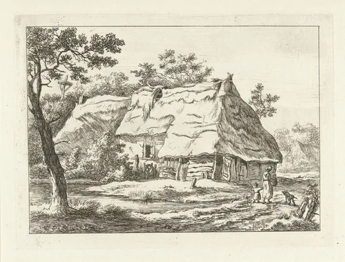 Vrouw met kind bij een boerderij by Carel Lodewijk Hansen, print, 1780-1840