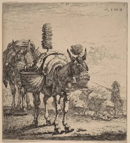 Two Mules by Karel Dujardin, print, 1622-1678