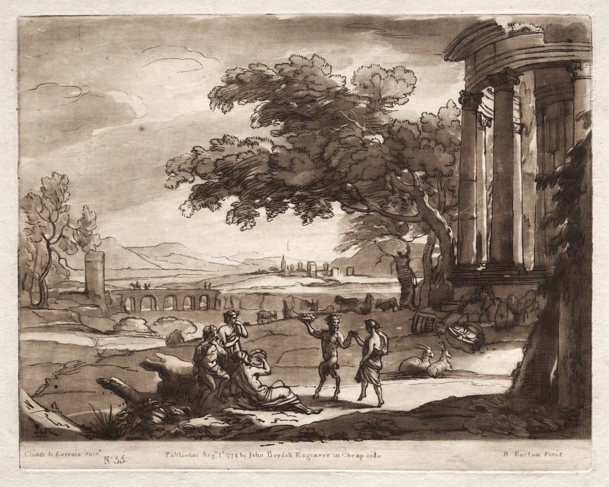 Liber Veritatis: No. 55, A Landscape with a Temple and a Nymph and Satyr Dancing by Richard Earlom, print, 1774