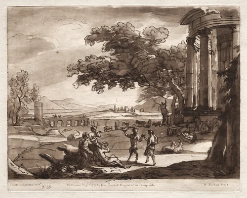 Liber Veritatis: No. 55, A Landscape with a Temple and a Nymph and Satyr Dancing by Richard Earlom, print, 1774