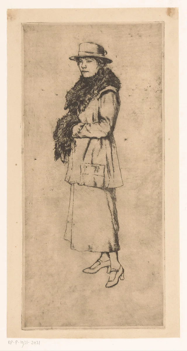 Jonge vrouw met mof by Johannes Löhr, print, 1892-1928