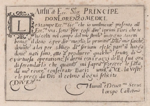 Dedication to Lorenzo de' Medici, from "Les Caprices" Series B, The Nancy Set by Jacques Callot, print, 1617-1620