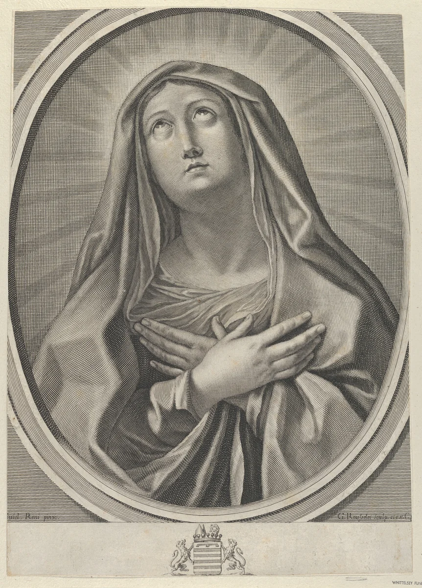 The Virgin with arms crossed over her chest, looking up to the left, in an oval frame, after Reni by Gilles Rousselet, print, 1640-1645