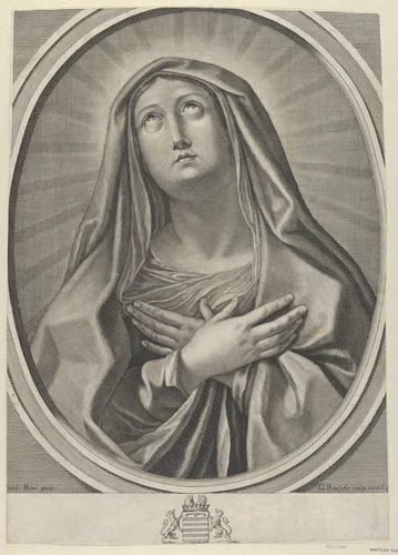 The Virgin with arms crossed over her chest, looking up to the left, in an oval frame, after Reni by Gilles Rousselet, print, 1640-1645