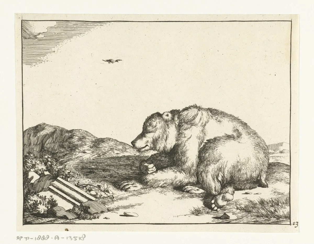 Liggende beer bij deel van sierlijst by Marcus de Bye, print, 1664