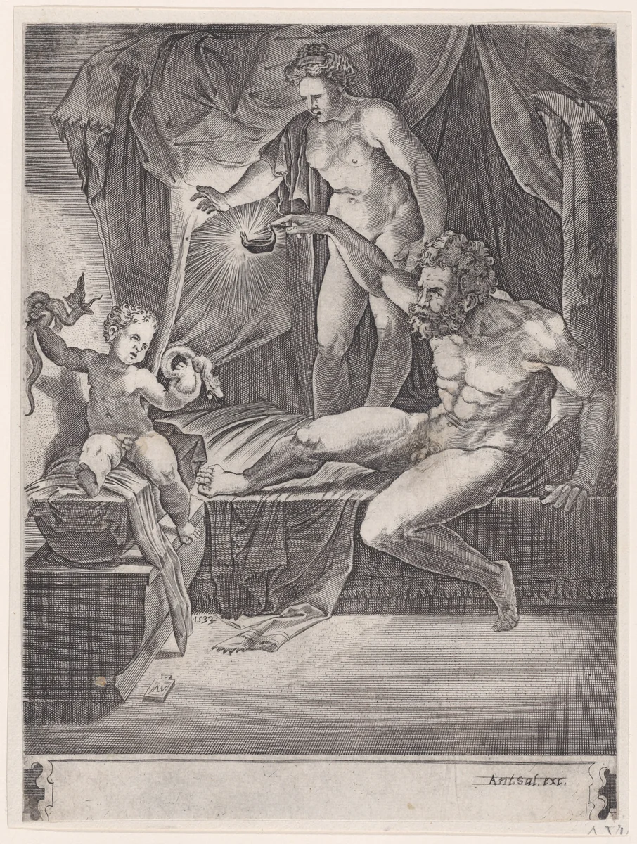 The Young Hercules in His Cradle by Agostino Veneziano, print, 1533