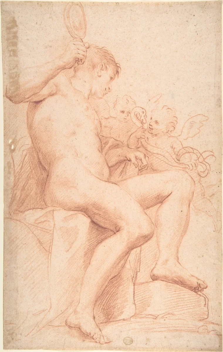 Nude Male with Two Putti by anonymous, drawing, 1600-1700
